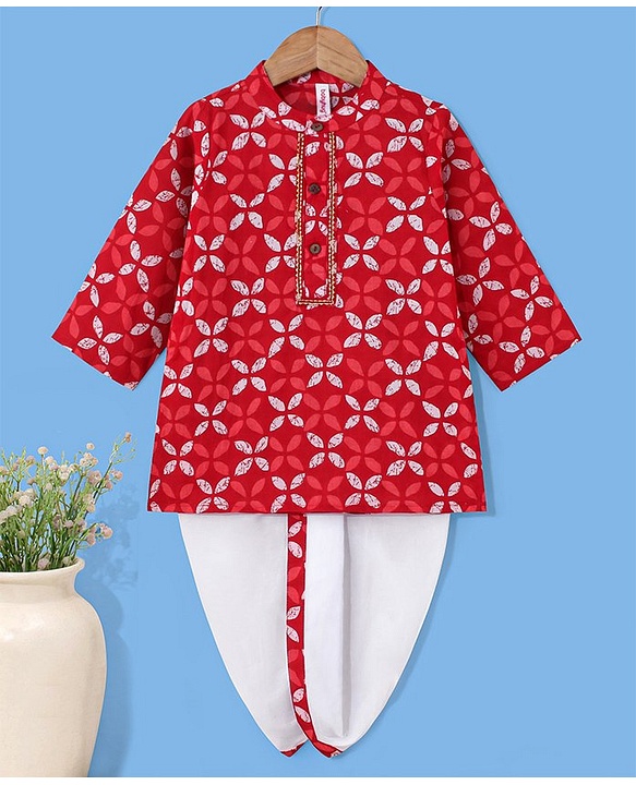 Babyhug 100% Cotton Woven Full Sleeves Floral Print Kurta & Dhoti Set - Red