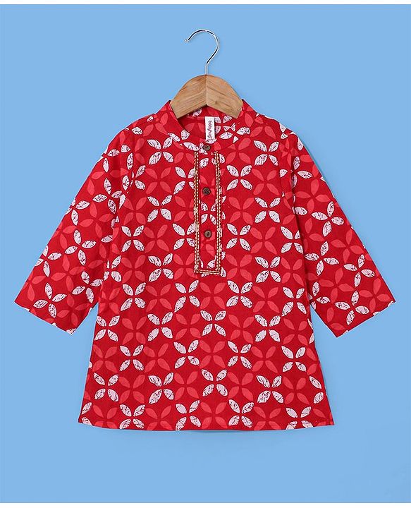 Babyhug 100% Cotton Woven Full Sleeves Floral Print Kurta & Dhoti Set - Red