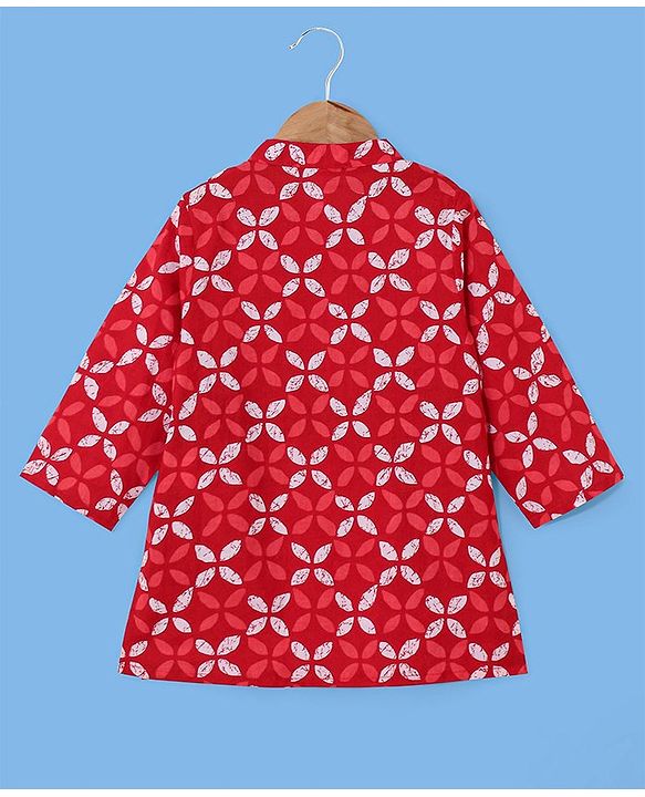 Babyhug 100% Cotton Woven Full Sleeves Floral Print Kurta & Dhoti Set - Red