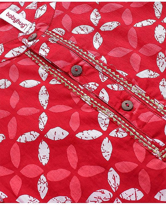 Babyhug 100% Cotton Woven Full Sleeves Floral Print Kurta & Dhoti Set - Red