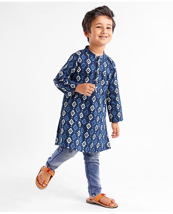 Babyhug 100% Cotton Full Sleeves Kurti Block Print - Blue