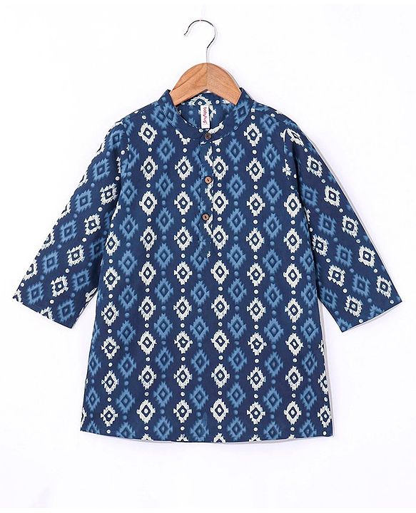Babyhug 100% Cotton Full Sleeves Kurti Block Print - Blue
