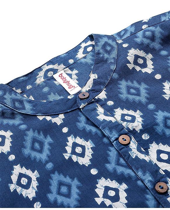 Babyhug 100% Cotton Full Sleeves Kurti Block Print - Blue