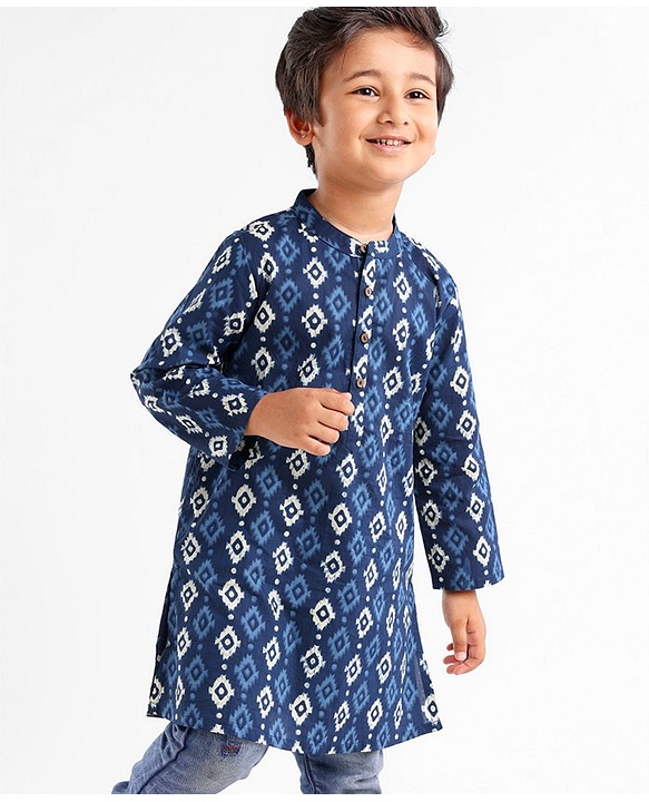 Babyhug 100% Cotton Full Sleeves Kurti Block Print - Blue