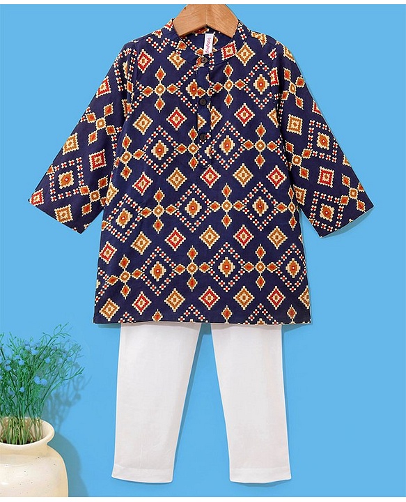 Babyhug 100% Cotton Kurta With Payjama Set Printed - Blue & White