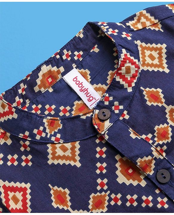 Babyhug 100% Cotton Kurta With Payjama Set Printed - Blue & White
