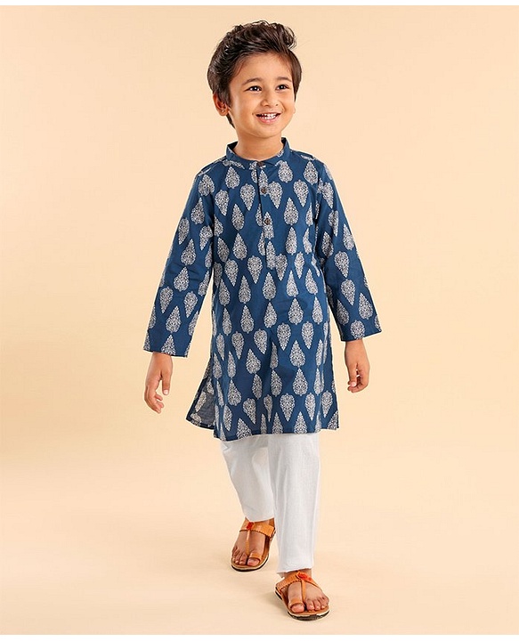 Babyhug 100% Cotton Woven Full Sleeves Kurta with Pyjama Set Floral Print - Blue