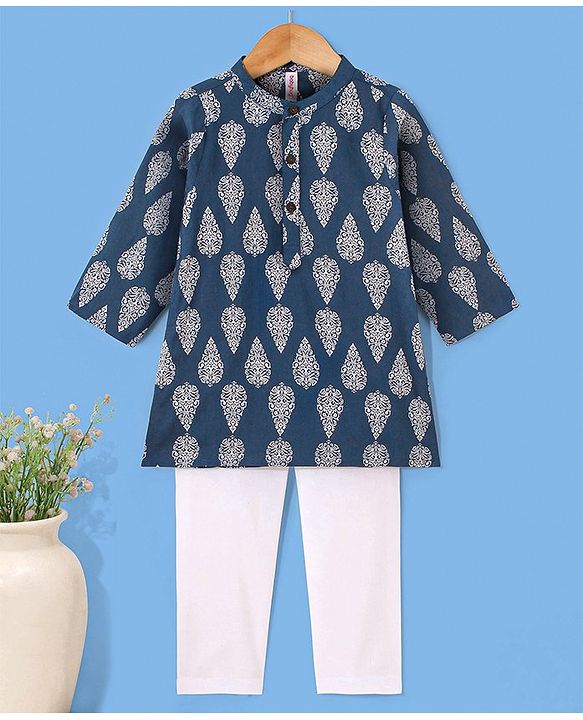 Babyhug 100% Cotton Woven Full Sleeves Kurta with Pyjama Set Floral Print - Blue