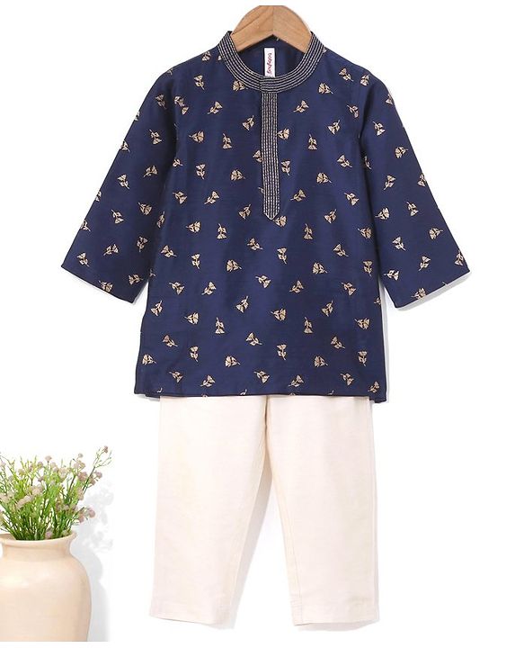 Babyhug Full Sleeves Kurta & Pyjama Set Floral Print- Navy Blue