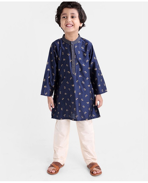 Babyhug Full Sleeves Kurta & Pyjama Set Floral Print- Navy Blue
