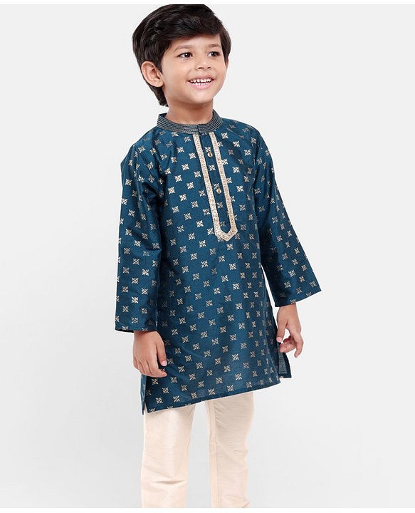 Babyhug Full Sleeves Kurta with Pyjama Set with Zari Design & Golden Lace Detailing - Teal