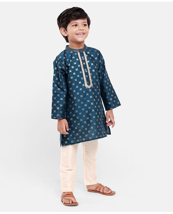 Babyhug Full Sleeves Kurta with Pyjama Set with Zari Design & Golden Lace Detailing - Teal