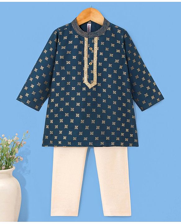 Babyhug Full Sleeves Kurta with Pyjama Set with Zari Design & Golden Lace Detailing - Teal