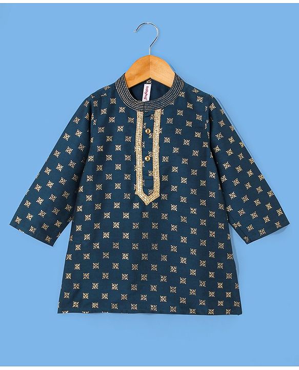 Babyhug Full Sleeves Kurta with Pyjama Set with Zari Design & Golden Lace Detailing - Teal