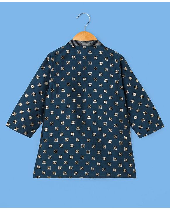 Babyhug Full Sleeves Kurta with Pyjama Set with Zari Design & Golden Lace Detailing - Teal