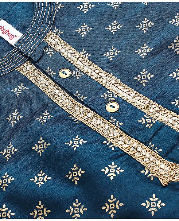 Babyhug Full Sleeves Kurta with Pyjama Set with Zari Design & Golden Lace Detailing - Teal