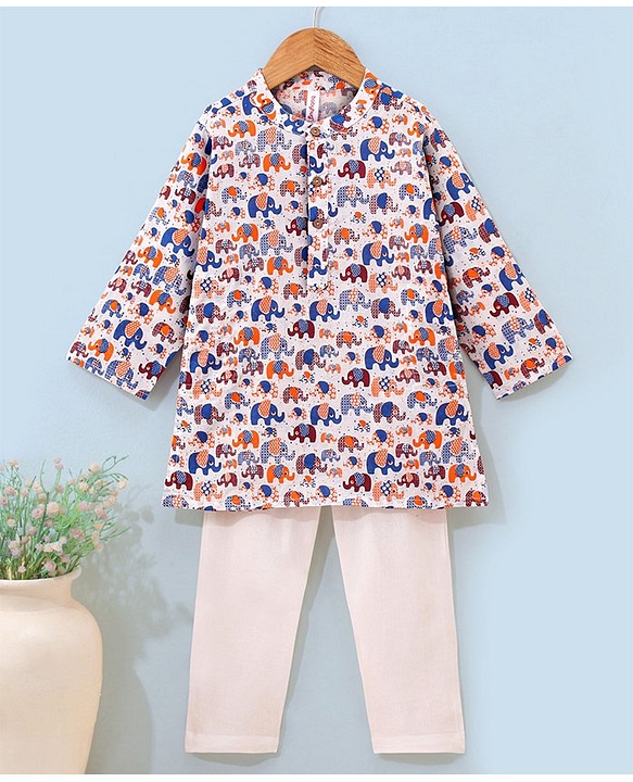 Babyhug 100% Cotton Full Sleeves Kurta With Payjama Set Elephant Print - Blue