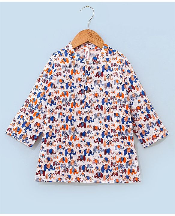 Babyhug 100% Cotton Full Sleeves Kurta With Payjama Set Elephant Print - Blue