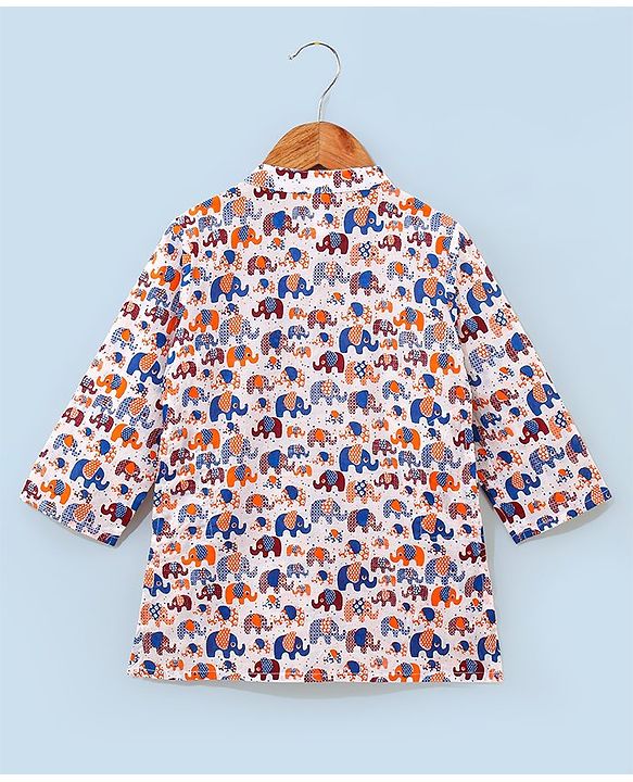 Babyhug 100% Cotton Full Sleeves Kurta With Payjama Set Elephant Print - Blue