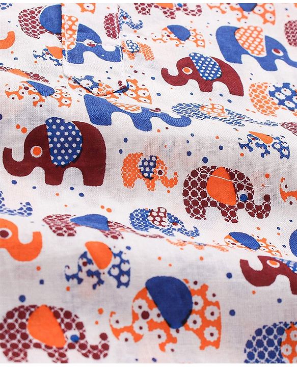 Babyhug 100% Cotton Full Sleeves Kurta With Payjama Set Elephant Print - Blue