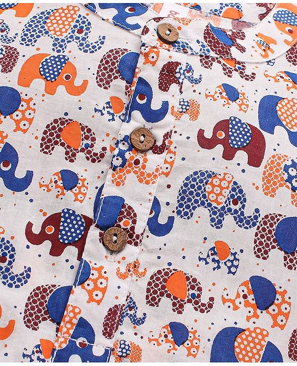 Babyhug 100% Cotton Full Sleeves Kurta With Payjama Set Elephant Print - Blue