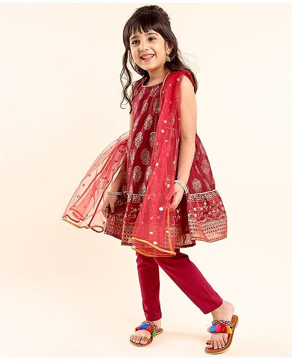 Babyhug Sleeveless Kurti With Churidar Pant & Dupatta Embroidery & Foil Print - Maroon