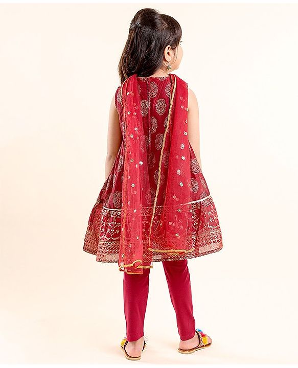 Babyhug Sleeveless Kurti With Churidar Pant & Dupatta Embroidery & Foil Print - Maroon