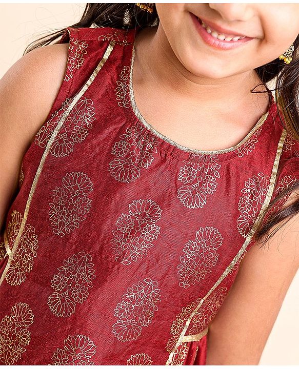 Babyhug Sleeveless Kurti With Churidar Pant & Dupatta Embroidery & Foil Print - Maroon