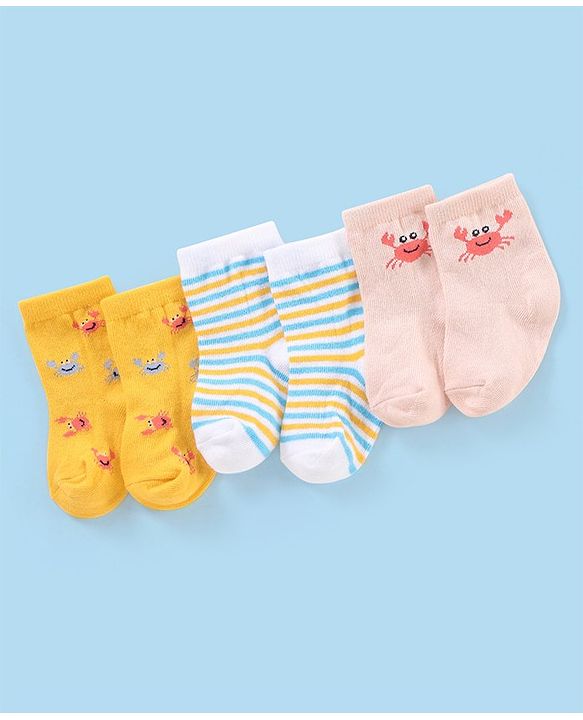 Cutewalk By Babyhug Anti Bacterial Ankle Length Non Terry Socks Striped Design Pack of 3- Yellow
