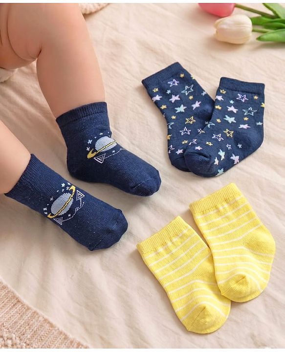 Cute Walk by Babyhug Non Terry Cotton Knit Ankle Length Anti Bacterial Socks Star Design Pack of 3 - Blue & Yellow