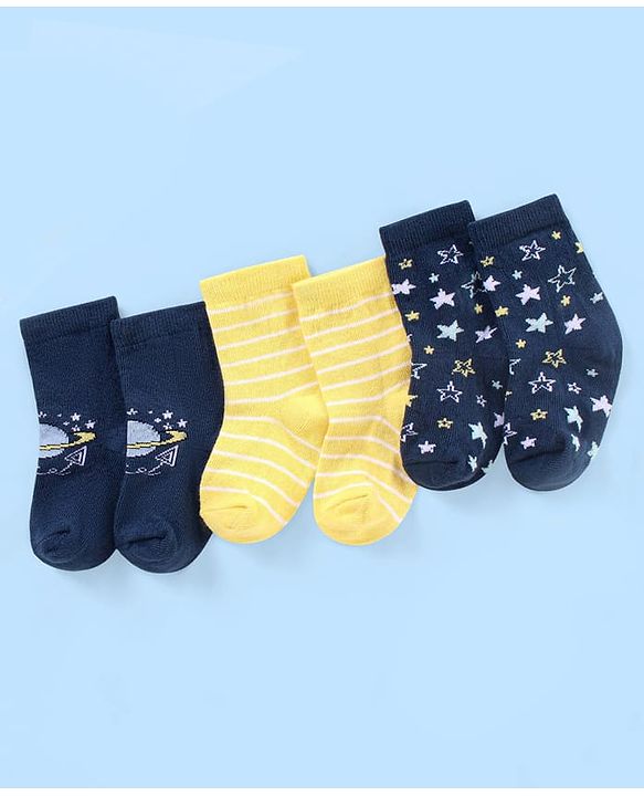 Cute Walk by Babyhug Non Terry Cotton Knit Ankle Length Anti Bacterial Socks Star Design Pack of 3 - Blue & Yellow