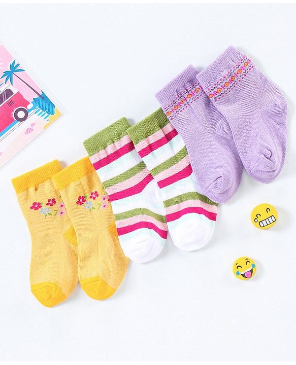 Cutewalk By Babyhug Anti Bacterial Ankle Length Non Terry Socks Floral Design Pack of 3- Yellow & Purple