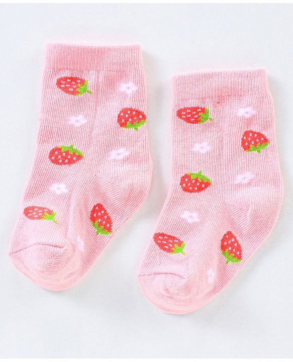 Cutewalk By Babyhug Anti Bacterial Ankle Length Non Terry Socks Strawberry Design Pack of 3- Pink