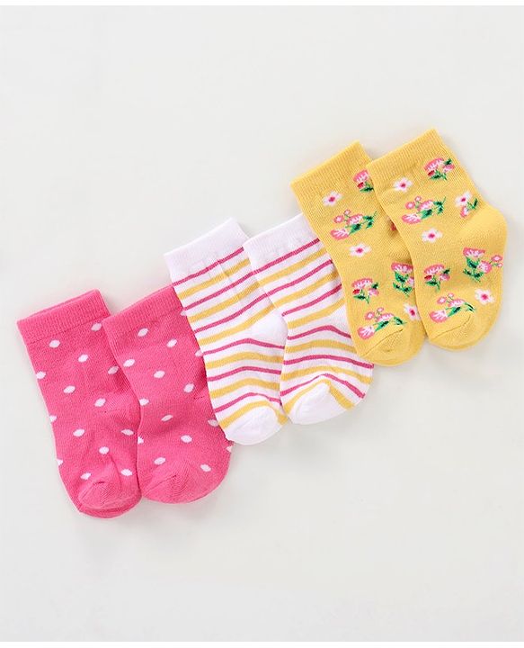 Cutewalk By Babyhug Anti Bacterial Ankle Length Non Terry Socks Floral Design Pack of 3- Pink & Yellow