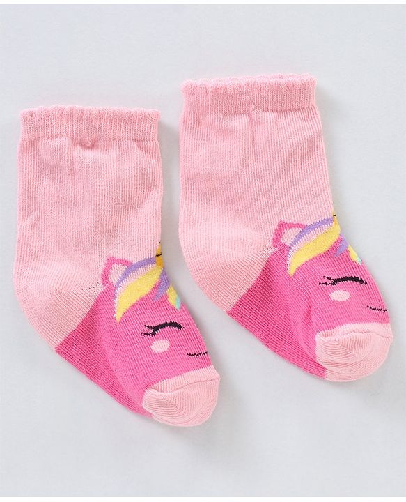 Cutewalk By Babyhug Anti Bacterial Ankle Length Non Terry Socks Unicorn Design Pack of 5 - Pink &  Blue