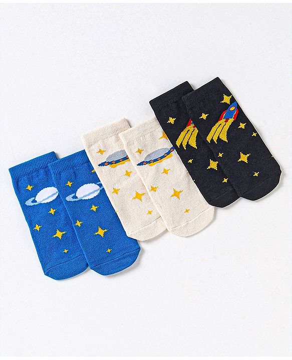Cute Walk by Babyhug Non Terry Cotton Knit Ankle Length Anti Bacterial Socks Star Design Pack of 3 - Black & Blue