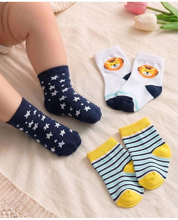 Cute Walk By Babyhug Non Terry Cotton Knit Ankle Length Anti Bacterial Socks Stripes & Stars Design Pack of 3 - Blue White & Yellow