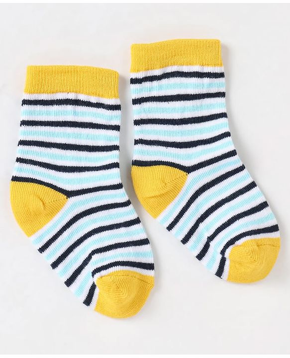 Cute Walk By Babyhug Non Terry Cotton Knit Ankle Length Anti Bacterial Socks Stripes & Stars Design Pack of 3 - Blue White & Yellow