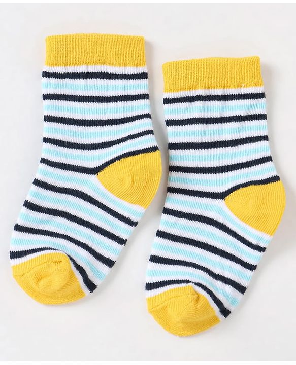 Cute Walk By Babyhug Non Terry Cotton Knit Ankle Length Anti Bacterial Socks Stripes & Stars Design Pack of 3 - Blue White & Yellow