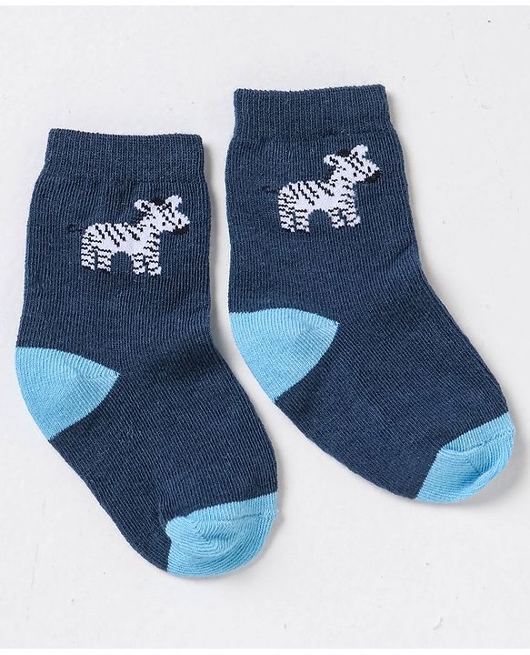 Cute Walk By Babyhug Non Terry Cotton Knit Ankle Length Anti Bacterial Socks Stripes & Zebra Design Pack of 3 - Blue & White