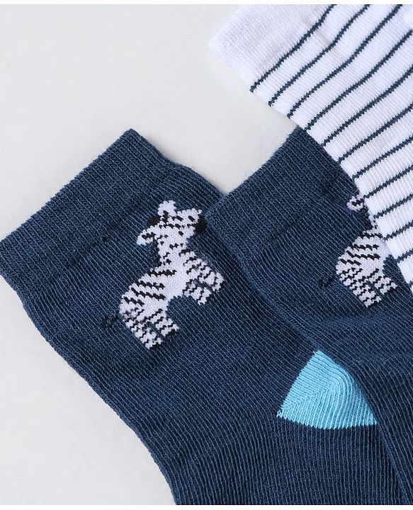 Cute Walk By Babyhug Non Terry Cotton Knit Ankle Length Anti Bacterial Socks Stripes & Zebra Design Pack of 3 - Blue & White