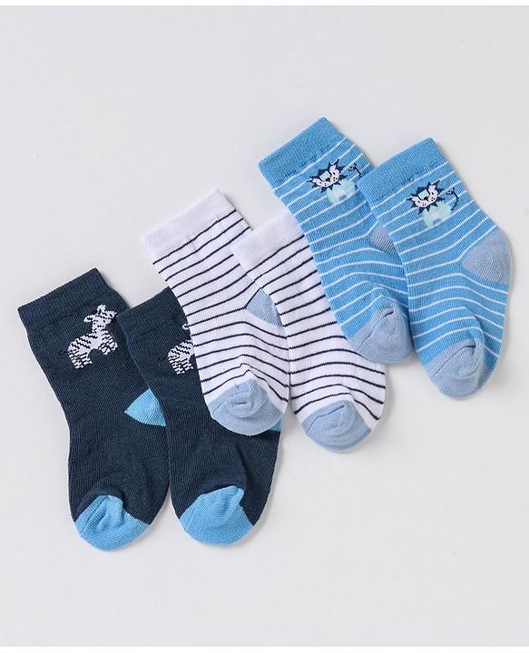 Cute Walk By Babyhug Non Terry Cotton Knit Ankle Length Anti Bacterial Socks Stripes & Zebra Design Pack of 3 - Blue & White