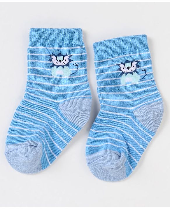 Cute Walk By Babyhug Non Terry Cotton Knit Ankle Length Anti Bacterial Socks Stripes & Zebra Design Pack of 3 - Blue & White