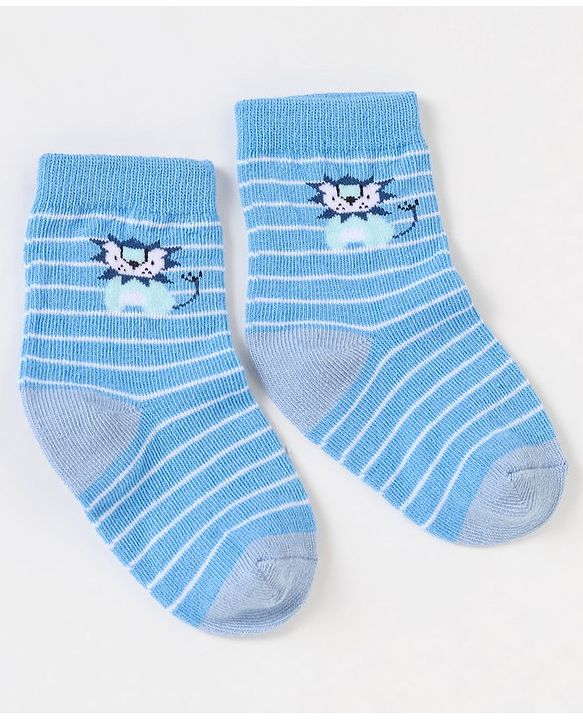 Cute Walk By Babyhug Non Terry Cotton Knit Ankle Length Anti Bacterial Socks Stripes & Zebra Design Pack of 3 - Blue & White