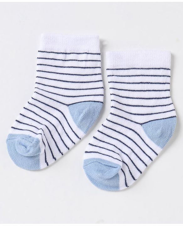 Cute Walk By Babyhug Non Terry Cotton Knit Ankle Length Anti Bacterial Socks Stripes & Zebra Design Pack of 3 - Blue & White