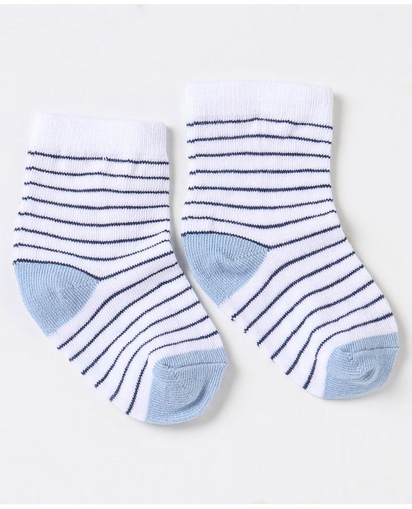 Cute Walk By Babyhug Non Terry Cotton Knit Ankle Length Anti Bacterial Socks Stripes & Zebra Design Pack of 3 - Blue & White