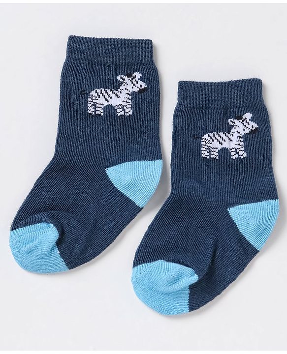 Cute Walk By Babyhug Non Terry Cotton Knit Ankle Length Anti Bacterial Socks Stripes & Zebra Design Pack of 3 - Blue & White