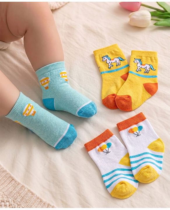 Cute Walk by Babyhug Non Terry Cotton Knit Ankle Length Anti Bacterial Socks Horse Design Pack of 3 - Yellow & Blue
