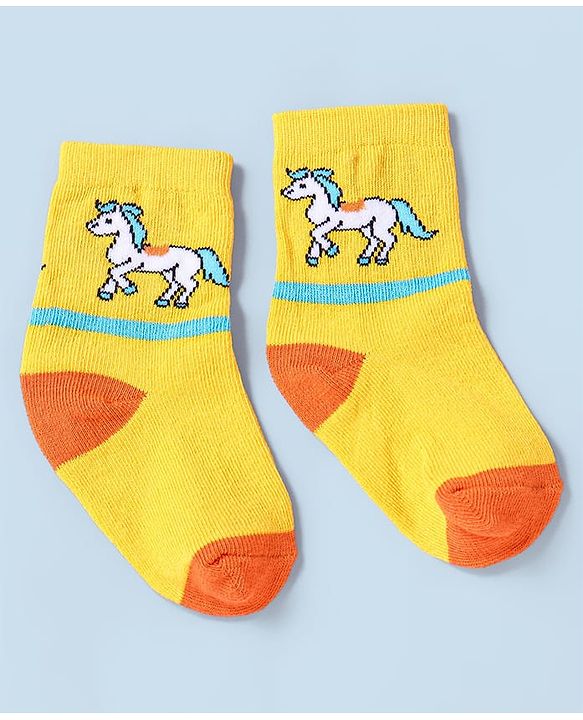 Cute Walk by Babyhug Non Terry Cotton Knit Ankle Length Anti Bacterial Socks Horse Design Pack of 3 - Yellow & Blue
