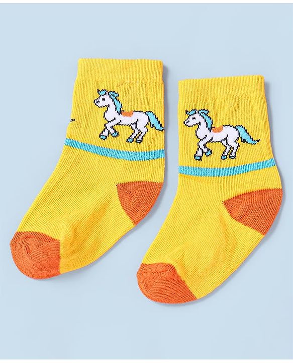 Cute Walk by Babyhug Non Terry Cotton Knit Ankle Length Anti Bacterial Socks Horse Design Pack of 3 - Yellow & Blue